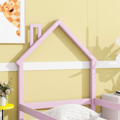 Twin Size Wood Bed With House-shaped Headboard Floor Bed With Fences,Pink