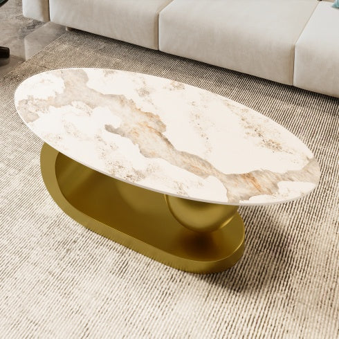 Modern Oval Coffee Table For Living Room, Marble Pattern Sintered Stone Coffee Tabletop With Gold Stainless Steel Base In 47.2