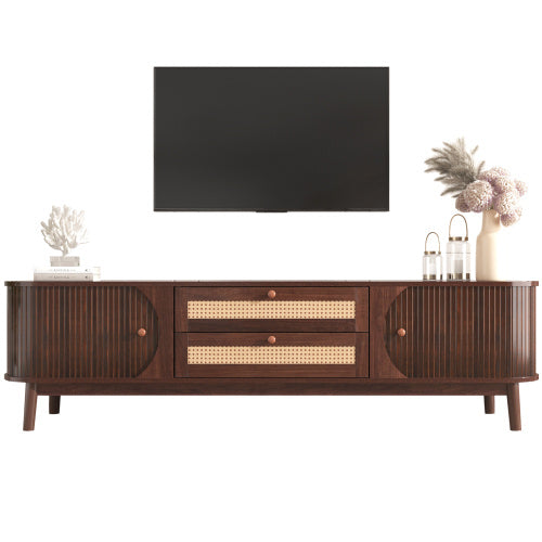 Rattan TV Stand For TVs Up To 75'', Modern Farmhouse Media Console, Entertainment Center With Solid Wood Legs, TV Cabinet For Living Room,Home Theatre