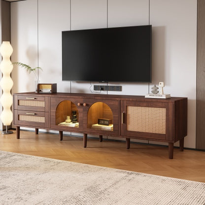 Rattan TV Stand With 3 Cabinets 2 Drawers, Rattan-inspired Media Console Table For TVs Up To 80'', LED Light Entertainment Center, TV Cabinet For Living Room, Bedroom, Home Theatre