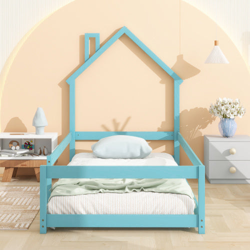 Twin Size Wood Bed With House-shaped Headboard Floor Bed With Fences,Light Blue