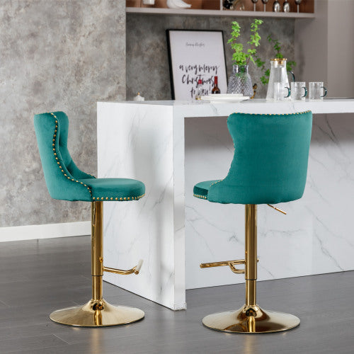 Golden Swivel Velvet Barstools Adjustable Seat Height Green