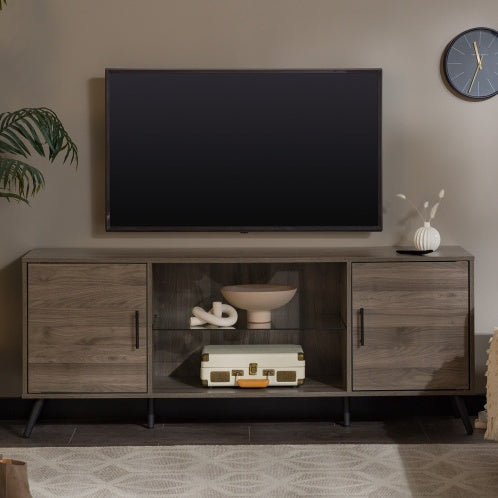 Mid-Century Modern 2-Door TV Stand With Glass Shelf