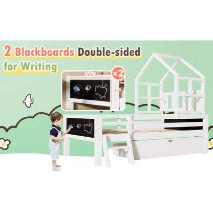 Twin Size House Bed With Ladder And Storage Drawers For Kid Bedroom,Solid Wood Platfrom Bedframe With 2 Blackboard Design, No Box Spring Needed, White