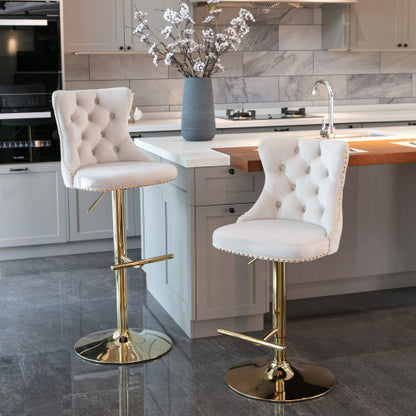 Golden Swivel Velvet Barstools Adjustable Beige Set of 2