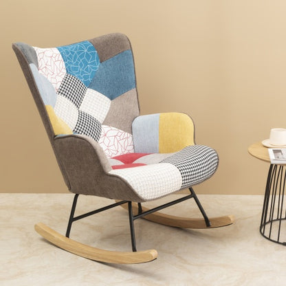 Mid Century Accent Rocking Chair With Patchwork Linen