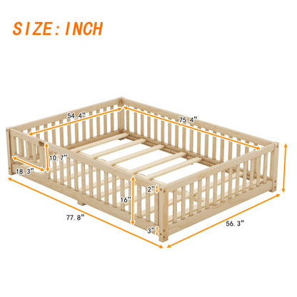 Full Size Bed Floor Bed With Safety Guardrails And Door For Kids, Natural