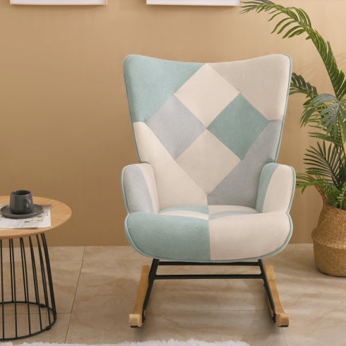 Mid Century Accent Rocking Chair With Patchwork Linen