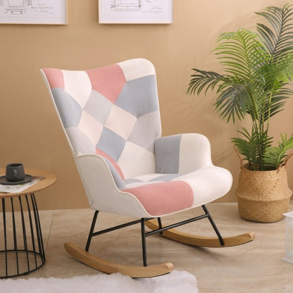 Mid Century Accent Rocking Chair With Patchwork Linen